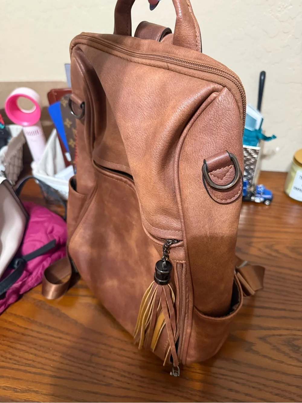 Tan Faux Leather Women's Backpack with Tassel by